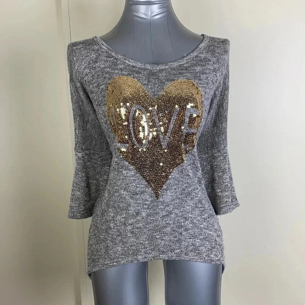 3/$15 Grey Casual basic lounge heart knitted half sleeve pullover sweater sz S